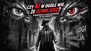 Detektyw w stylu noir idzie deszczową uliczką obserwowany przez ogromne oczy, napis: czy AI w ogóle wie, że istniejesz