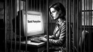 Czarno-biała ilustracja w stylu noir, kobieta zamknięta za kratami przy biurku, patrzy na ekran komputera z arkuszem kalkulacyjnym i napisem Bank Pomysłów