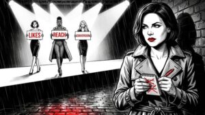 Czarno-biała grafika w stylu komiksu neo-noir. Na oświetlonym wybiegu modelki prezentują tabliczki z napisami LIKES, REACH i CONVERSION, symbolizujące marketingowe metryki próżności. Na pierwszym planie, w cieniu stoi detektywka w trenczu z czerwonymi ustami, która ignoruje pokaz i przekreśla notatki w swoim notesie czerwonym długopisem, szukając twardych danych biznesowych
