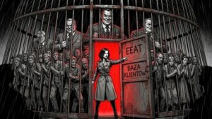 Czarno-biała komiksowa ilustracja w stylu neo-noir przedstawiająca wielką klatkę z uwięzionym tłumem zrezygnowanych ludzi oraz górującymi nad nimi uśmiechniętymi mężczyznami w garniturach. W centrum znajduje się kobieta detektyw w prochowcu, która wskazuje uwięzionym drogę ucieczki przez małe, jarzące się na czerwono drzwi. Na otwartych drzwiach widnieją wyraźne napisy EEAT oraz BAZA KLIENTÓW, stanowiące jedyny barwny element całej mrocznej sceny.